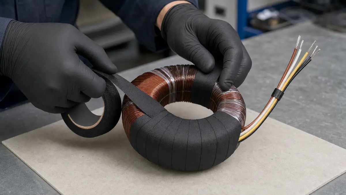 Gloved technician wrapping black acetate cloth tape around a toroidal transformer core and insulated windings